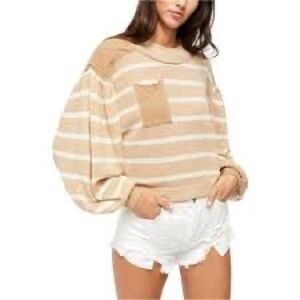 NEW FREE PEOPLE between the lines stripe sweater birch bark combo sand nautical